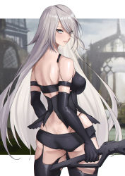 Rule 34 | 1girl, alternate hair length, alternate hairstyle, arm strap, ass, bad id, bad pixiv id, bare shoulders, black gloves, blue eyes, breasts, butt crack, commentary request, cowboy shot, elbow gloves, expulse, from behind, gloves, large breasts, long hair, looking at viewer, looking back, nier:automata, nier (series), silver hair, solo, standing, thighs, very long hair, a2 (nier:automata)