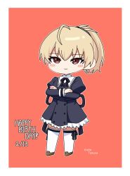 Rule 34 | 1girl, ahoge, andou tazusa, assault lily, black ribbon, black skirt, blonde hair, blush, border, brown footwear, buttons, character name, chibi, closed mouth, commentary, cropped jacket, crossed arms, frilled skirt, frills, full body, hair ribbon, happy birthday, high-waist skirt, highres, juliet sleeves, leg ribbon, light smile, long sleeves, looking at viewer, miniskirt, neck ribbon, outline, ponytail, puffy sleeves, red background, red eyes, ribbon, school uniform, shoes, short hair, simple background, skirt, solo, standing, striped ribbon, thigh ribbon, thighhighs, white border, white outline, white thighhighs, yui (yui1115 ), yurigaoka girls academy school uniform, zettai ryouiki