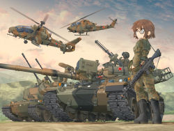 Rule 34 | 1girl, ah-1 cobra, aircraft, anti-aircraft, anti-aircraft gun, assault rifle, autocannon, black-framed eyewear, black footwear, blue sky, boots, brown eyes, brown hair, camouflage, camouflage jacket, camouflage pants, cannon, cigarette, cloud, cloudy sky, commentary request, dawn, emblem, flying, green jacket, green pants, grey sky, gun, hand on own hip, harness, headset, helicopter, helmet, highres, jacket, japan ground self-defense force, japan self-defense force, long sleeves, looking at another, machine gun, mikeran (mikelan), military, military vehicle, missile, motion blur, motor vehicle, mountain, mouth hold, multiple others, oerlikon gdf, oerlikon gdf 35 mm twin cannon, oh-1 ninja, original, outdoors, pants, partial commentary, pilot, remote controlled weapon station, rifle, roundel, scope, self-propelled anti-aircraft-gun, self-propelled anti-aircraft weapon, self-propelled gun, short hair, sky, soldier, solo focus, standing, star (symbol), sunglasses, tank, turret, type 74 (tank), type 87 self-propelled anti aircraft gun, weapon, weapon on back, weapon request