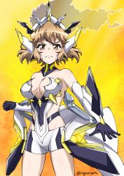 Rule 34 | 1girl, absurdres, black gloves, breasts, brown eyes, brown hair, cleavage, closed mouth, commentary request, detached collar, elbow gloves, gloves, hair ornament, headgear, highres, kyomeihibiki, large breasts, scar, scar on chest, senki zesshou symphogear, senki zesshou symphogear xd unlimited, shorts, tachibana hibiki (symphogear), tachibana hibiki (symphogear) (another), twitter username, white gloves, white shorts