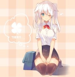Rule 34 | 1girl, ;), anceril sacred, bad id, bad twitter id, bag, blue eyes, ciel sacred, hair ornament, light smile, long hair, looking at viewer, mishima kurone, musical note, no shoes, one eye closed, original, pleated skirt, school bag, school uniform, seiza, sitting, skirt, smile, solo, thighhighs, twintails, white hair, wink
