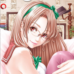 Rule 34 | 1girl, book, book stack, bow, bowtie, brown hair, closed mouth, clothes hanger, from side, green bow, green hairband, hair bow, hairband, highres, hugging own legs, indoors, long hair, looking at viewer, looking to the side, orange-framed eyewear, original, over-rim eyewear, pink lips, pink thighhighs, red eyes, red sailor collar, sailor collar, school uniform, semi-rimless eyewear, serafuku, seto yuuki, shirt, smile, solo, thighhighs, white shirt