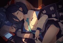 Rule 34 | 1girl, absurdly long hair, aris (blue archive), black hair, black skirt, blue archive, blue necktie, closed eyes, collared shirt, gleam lin shi, handheld game console, highres, jacket, long hair, long sleeves, necktie, open mouth, pleated skirt, shirt, skirt, solo, very long hair, white jacket, white shirt