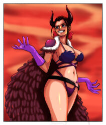 Rule 34 | 1girl, alternate costume, beast pirates, beast pirates uniform, bikini, black horns, blue bra, blue eyes, border, bow, bra, breasts, cape, elbow gloves, feet out of frame, female focus, fur-trimmed cape, fur trim, gloves, grin, hair bow, highleg, highleg panties, horns, large breasts, looking to the side, midriff, muffinproject, navel, nico robin, o-ring, o-ring bikini, one piece, oni horns, outstretched arms, panties, purple gloves, purple panties, red bow, smile, solo, standing, teeth, thighs, underwear, white border