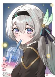 Rule 34 | 1girl, absurdres, black hairband, black jacket, blue eyes, blue pupils, blush, border, bug, closed mouth, double-parted bangs, drink, drinking straw, drinking straw in mouth, ejpytr, fingernails, firefly, firefly (honkai: star rail), grey hair, hair between eyes, hair ornament, hair ribbon, hairband, highres, holding, holding drink, honkai: star rail, honkai (series), insect, jacket, long hair, looking at viewer, multicolored eyes, pink eyes, ribbon, signature, solo, upper body, white border