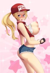 Rule 34 | 1girl, ass, bare arms, bare legs, baseball cap, blonde hair, blue eyes, blush, bracelet, breasts, breasts out, commentary, cropped jacket, cropped legs, denim, denim shorts, embarrassed, fatal fury, fingerless gloves, from side, genderswap, genderswap (mtf), gloves, hat, hip focus, jewelry, lalox, large areolae, large breasts, long hair, looking to the side, micro shorts, nipples, open mouth, ponytail, short shorts, shorts, sleeveless, snk, snk heroines: tag team frenzy, solo, sweatdrop, terry bogard, the king of fighters, thighs, tumblr