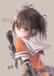 Rule 34 | 10s, 1girl, alternate hairstyle, back, black gloves, brown background, brown eyes, brown hair, elbow gloves, gloves, hair between eyes, hard-translated, kantai collection, looking at viewer, looking back, machinery, messy hair, morigami (morigami no yashiro), school uniform, sendai (kancolle), serafuku, short hair, short sleeves, short twintails, smile, solo, third-party edit, translated, twintails, twitter username, two side up