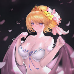 Rule 34 | 1girl, absurdres, bare shoulders, black background, blonde hair, blue eyes, blush, breasts, cleavage, collarbone, commentary request, europa (granblue fantasy), europa (summer) (granblue fantasy), flower, granblue fantasy, hair flower, hair ornament, hands up, highres, holding, jewelry, large breasts, lips, looking at viewer, nikumocchi, petals, shiny skin, short hair, signature, simple background, smile, solo, swimsuit, tiara, upper body