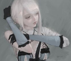 Rule 34 | 12yun30, 1girl, bandaged arm, bandaged neck, bandages, black gloves, braided hair rings, breasts, expressionless, gloves, grey background, grey eyes, highres, kaine (nier), lingerie, looking to the side, medium breasts, negligee, nier, nier (series), simple background, solo, underwear, upper body, white hair