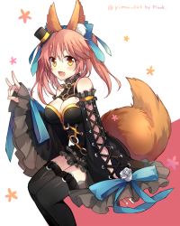 Rule 34 | 10s, 1girl, :d, animal ears, black thighhighs, blue bow, blush, bow, breasts, cleavage, detached sleeves, fang, fate/extra, fate (series), fox ears, fox shadow puppet, fox tail, frills, hair between eyes, hair bow, hair ornament, hat, long hair, looking at viewer, medium breasts, mini hat, mini top hat, o-ring, o-ring top, official alternate costume, open mouth, pink background, pink hair, plurk username, sitting, smile, solo, tail, tamamo no mae (fate/extra), tamamo no mae (sable mage) (fate), thighhighs, top hat, twintails, two-tone background, white background, yellow eyes, yimu