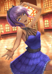 Rule 34 | 1girl, :d, absurdres, announ (kurotya), arm up, bare shoulders, belt, blue dress, breasts, cleavage, commentary request, dancing, dark-skinned female, dark skin, dress, fate/grand order, fate/prototype, fate/prototype: fragments of blue and silver, fate (series), frilled dress, frills, hair between eyes, hairband, hassan of serenity (fate), highres, indoors, open mouth, outstretched hand, purple eyes, purple hair, short hair, sidelocks, sleeveless, sleeveless dress, small breasts, smile, solo, window