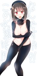 Rule 34 | 10s, 1girl, @ @, alternate costume, bad id, bad twitter id, beret, between legs, black gloves, black hat, black pantyhose, blunt bangs, blush, breast hold, breasts, brown hair, cleavage, collarbone, covering crotch, covering privates, crying, crying with eyes open, detached collar, elbow gloves, embarrassed, gloves, groin, hand between legs, hat, highres, kantai collection, large breasts, navel, nontraditional school swimsuit, nose blush, oouso, pantyhose, red eyes, reverse outfit, reverse school swimsuit, reverse swimsuit, school swimsuit, short hair, simple background, solo, stomach, sweat, swimsuit, takao (kancolle), tears, topless, translated, white background