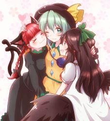 Rule 34 | 3girls, :3, :d, ;), animal ears, blush, braid, brown hair, cape, cat ears, cat girl, cat tail, cherry blossoms, closed eyes, dress, extra ears, eye contact, eyeball, female focus, floral background, girl sandwich, green eyes, green hair, group hug, hair ribbon, hand on another&#039;s head, hat, hat ribbon, heart, heart-shaped pupils, highres, hug, kaenbyou rin, komeiji koishi, long hair, long sleeves, looking at another, multiple girls, multiple tails, one eye closed, open mouth, ponytail, profile, puffy sleeves, red eyes, red hair, reiuji utsuho, ribbon, sandwiched, shirt, short hair, short sleeves, smile, string, symbol-shaped pupils, tail, third eye, touhou, tress ribbon, twin braids, umino (anesthesia), wince, wings, yuri