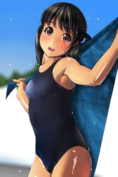 Rule 34 | 1girl, :d, bare arms, bare shoulders, black eyes, black hair, black one-piece swimsuit, blue sky, blurry, blurry background, blush, breasts, commentary request, day, head tilt, highres, holding, holding towel, long hair, looking at viewer, matsunaga kouyou, nose blush, one-piece swimsuit, open mouth, original, outdoors, school swimsuit, sky, small breasts, smile, solo, swimsuit, teeth, towel, twintails, upper teeth only, wet