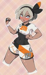 Rule 34 | 1girl, bea (pokemon), black gloves, black hairband, blue eyes, blush, bodysuit, bodysuit under clothes, breasts, clenched hands, clothes writing, covered collarbone, covered navel, cowboy shot, creatures (company), crop top, cropped legs, dark-skinned female, dark skin, female focus, game freak, gloves, grey hair, hairband, hands up, highres, hitmanatee, legs apart, looking at viewer, nintendo, open mouth, outline, partially fingerless gloves, plaid, plaid background, pokemon, pokemon swsh, shiny skin, shirt, short hair, short shorts, short sleeves, shorts, sidelocks, single glove, small breasts, solo, standing, sweatband, teeth, thighhighs, thighs, v-shaped eyebrows, white outline, white shirt, white shorts, white thighhighs