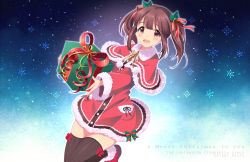 Rule 34 | 10s, 1girl, :d, black thighhighs, blush, brown hair, capelet, character name, copyright name, english text, gift, hair ribbon, highres, holding, idolmaster, idolmaster cinderella girls, kyu, merry christmas, ogata chieri, open mouth, outline, pink eyes, ribbon, smile, snowflakes, solo, thighhighs, twintails