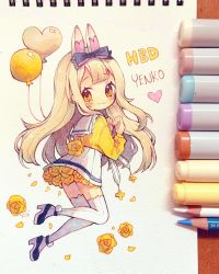 Rule 34 | 1girl, :3, absurdres, animal ears, anklet, anny (yoai), art tools in frame, artist name, balloon, blonde hair, blunt bangs, blush, bow, closed mouth, colored pencil, colored pencil (medium), commentary, english commentary, english text, floating, flower, from behind, full body, graphite (medium), hair bow, hair over shoulder, hands up, hatching (texture), heart, heart balloon, high heels, highres, jewelry, linear hatching, long hair, long sleeves, looking back, marker, marker (medium), neckerchief, pencil, photo (medium), platform footwear, pleated skirt, purple bow, purple footwear, rabbit ears, rose, sidelocks, sideways glance, skirt, sleeve cuffs, solo, sweater, thighhighs, traditional media, very long hair, virtual youtuber, vyugen, white neckerchief, white skirt, white thighhighs, yellow flower, yellow sweater, yenko (vtuber)