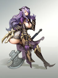 Rule 34 | 1girl, axe, between breasts, breasts, camilla (fire emblem), cleavage, curvy, female focus, fire emblem, fire emblem fates, gaohappy3344, gradient background, hair over one eye, large breasts, leaning forward, looking at viewer, nintendo, parted lips, purple eyes, purple hair, sitting, solo, thick thighs, thighs, tiara, weapon, wide hips