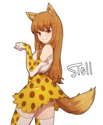 Rule 34 | 1girl, animal ear fluff, animal ears, artist name, ass, bare shoulders, commentary request, copyright request, cosplay, cowboy shot, elbow gloves, from behind, gloves, high-waist skirt, highres, holo, kemono friends, korean commentary, long hair, looking at viewer, looking back, paw pose, red eyes, serval (kemono friends), serval (kemono friends) (cosplay), serval print, shirt, signature, simple background, skirt, sleeveless, sleeveless shirt, smile, solo, spice and wolf, stoll (tmxhf), tail, thighhighs, thighs, very long hair, white background, white shirt, wolf ears, wolf girl, wolf tail, yellow skirt
