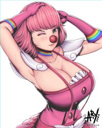 Rule 34 | 1girl, ace attorney, alternate breast size, arhyuz, armpits, arms up, breasts, choker, cleavage, closed mouth, clown, clown nose, dated, elbow gloves, eyeshadow, from above, geiru toneido, gloves, grey eyes, hands on own head, highres, large breasts, lips, long hair, looking at viewer, makeup, one eye closed, overalls, pink gloves, pink hair, rainbow, signature, simple background, smile, strapless, tube top, upper body, white background