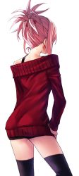 Rule 34 | 1girl, applekun, ass, back, blush, breasts, contemporary, earrings, fate/grand order, fate (series), hair ornament, hair scrunchie, highres, jewelry, large breasts, long hair, looking at viewer, miyamoto musashi (fate), off-shoulder sweater, off shoulder, open mouth, pink hair, ponytail, red scrunchie, red sweater, scrunchie, smile, sweater, thighhighs