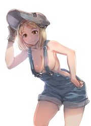 Rule 34 | 1girl, aged up, arm up, armpits, bare arms, bare shoulders, bent over, blonde hair, blue sky, blush, bow (bhp), breasts, brown eyes, brown gloves, cleavage, closed mouth, cloud, collarbone, commentary, contrapposto, cowboy shot, day, djeeta (granblue fantasy), from below, gloves, granblue fantasy, hairband, leaning forward, looking at viewer, mechanic (granblue fantasy), medium breasts, naked overalls, overalls, parted bangs, red hairband, short hair, simple background, single glove, sky, smile, solo, standing, tareme, welding mask, white background