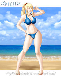 Rule 34 | 1girl, adapted costume, barefoot, beach, bikini, blonde hair, blue bikini, blue eyes, breasts, cleavage, contrapposto, day, female focus, full body, groin, hand on own hip, jorge cabellos, large breasts, lips, long hair, metroid, navel, nintendo, ocean, parted lips, ponytail, samus aran, smile, solo, standing, swimsuit, thighs, watermark, web address, zero suit