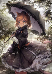 Rule 34 | 1girl, absurdres, animal ears, arknights, bag, black hat, black jacket, black skirt, black umbrella, blush, brown hair, cat ears, commentary request, cowboy shot, green eyes, hat, highres, holding, holding umbrella, jacket, long sleeves, looking at viewer, mini hat, mousse (arknights), nose blush, parted lips, petticoat, short hair, skirt, solo, swept bangs, trrcmb, umbrella