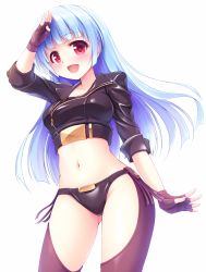 Rule 34 | 1girl, :d, angel (kof), angel (kof) (cosplay), arm up, black jacket, blue hair, blush, brown gloves, brown pants, chaps, collarbone, commentary request, cosplay, cropped jacket, fingerless gloves, gloves, jacket, kula diamond, long hair, long sleeves, looking at viewer, midriff, naoki (endofcentury102), navel, open mouth, pants, red eyes, salute, sidelocks, simple background, smile, snk heroines: tag team frenzy, solo, the king of fighters, very long hair, white background