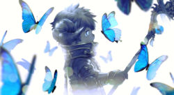 Rule 34 | 1boy, aqua eyes, armor, warrior of light (ff14), black joa, blue butterfly, blurry, brown hair, bug, butterfly, character request, dark skin, depth of field, elbow pads, final fantasy, final fantasy xiv, from side, gloves, highres, holding, holding staff, insect, looking away, male focus, orb, profile, simple background, staff, sweat, turtleneck, upper body, white background