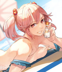 Rule 34 | 1girl, applying sunscreen, beach, beach towel, beach umbrella, bikini, blue bikini, blush, bottle, breasts, day, fuwafuwatoufu, hair bobbles, hair ornament, highres, holding, holding bottle, kantai collection, lips, lotion, lying, official alternate costume, on stomach, outdoors, pink eyes, pink hair, sazanami (kancolle), short hair, signature, small breasts, smile, sunscreen, swimsuit, towel, twintails, umbrella