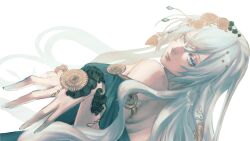 Rule 34 | 1girl, armlet, bare shoulders, blue eyes, blue hair, breasts, cloud9, commentary, commission, depths (vtuber), dress, english commentary, floating hair, from behind, green dress, hair between eyes, hair ornament, highres, long hair, looking back, medium breasts, nose, open hand, rascal mio, realistic, sad, second-party source, skeb commission, solo, strapless, strapless dress, very long hair, virtual youtuber, white background