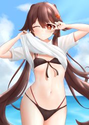 Rule 34 | 1girl, absurdres, ahoge, bikini, black bikini, black nails, blue sky, breasts, brown hair, clothes lift, cloud, flower, flower-shaped pupils, genshin impact, grin, hair flower, hair ornament, hands up, highres, hu tao (genshin impact), jewelry, laichange, layered bikini, lifting own clothes, long hair, multiple rings, nail polish, navel, ocean, one eye closed, plum blossoms, red bikini, red eyes, ring, shirt, shirt lift, sky, small breasts, smile, solo, stomach, swimsuit, symbol-shaped pupils, t-shirt, twintails, v, v over eye, very long hair, white shirt, wide hips