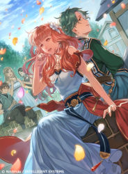 Rule 34 | 2boys, 3girls, alm (fire emblem), alternate costume, back-to-back, blonde hair, braid, brown hair, celica (fire emblem), cloud, cloudy sky, day, dress, drum, earrings, fire emblem, fire emblem cipher, fire emblem echoes: shadows of valentia, flower, flute, green eyes, green hair, hair flower, hair ornament, hand in own hair, house, instrument, jewelry, kato ayaka, long hair, multiple boys, multiple girls, necklace, nintendo, official art, open mouth, orange hair, outdoors, pants, parted lips, petals, profile, sash, shirt, short hair, sitting, sky, sleeveless, tree, vest, watermark, white dress, wind