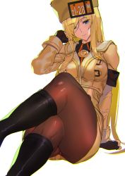 Rule 34 | 1girl, ashiomi masato, black footwear, blonde hair, blue eyes, boots, brown pantyhose, commentary request, crossed legs, eyes visible through hair, fingerless gloves, fur hat, gloves, guilty gear, guilty gear strive, hat, invisible chair, jacket, long hair, long sleeves, millia rage, pantyhose, sitting, solo, thighs, ushanka, yellow hat