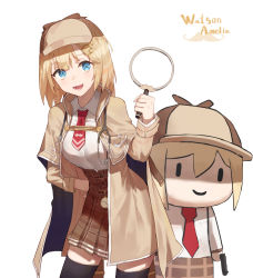 Rule 34 | 2girls, black legwear, blonde hair, blue eyes, breasts, brown capelet, brown coat, brown headwear, brown skirt, capelet, character name, chibi, closed mouth, coat, collared shirt, contrapposto, deerstalker, detective, gun, hair between eyes, hair ornament, hand on own hip, handgun, hat, high-waist skirt, highres, holding, holding gun, holding magnifying glass, holding weapon, hololive, hololive english, large breasts, long sleeves, looking at viewer, magnifying glass, medium hair, multiple girls, necktie, open clothes, open coat, open mouth, pistol, plaid, plaid skirt, red necktie, shirt, simple background, skirt, smile, smol ame, stethoscope, tesin (7aehyun), thighhighs, virtual youtuber, watch, watson amelia, weapon, white background, white shirt, zettai ryouiki