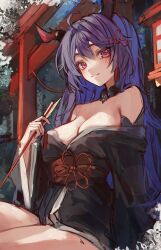 Rule 34 | 1girl, absurdres, ahoge, arrow (projectile), black kimono, blue hair, blush, breasts, closed mouth, hair between eyes, hair ornament, highres, holding, holding arrow, horns, indie virtual youtuber, japanese clothes, kimono, large breasts, long hair, looking at viewer, lylia (lylia ch), naokomama, obi, outdoors, pink eyes, red sash, red tassel, sash, sitting, solo, strapless kimono, tassel, torii, virtual youtuber