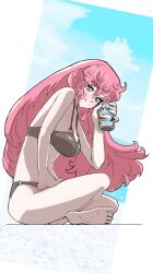 Rule 34 | 1girl, beer can, bikini, blush, blush stickers, brand name imitation, breasts, can, cloud, cloudy sky, drink can, feet, from side, grey bikini, hand on own thigh, highres, holding, holding can, indian style, large breasts, long hair, looking at viewer, maruoekai123, original, pink eyes, sitting, sky, solo, swimsuit, toes, tongue, tongue out