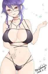 Rule 34 | 1girl, artist name, bikini, black bikini, breasts, commentary request, dated, glasses, gluteal fold, highres, jewelry, kinako (mzknk0), large breasts, looking at viewer, mature female, medium hair, mole, mole on breast, necklace, open mouth, purple hair, red eyes, rin (senran kagura), senran kagura, signature, smile, solo, swimsuit, white background