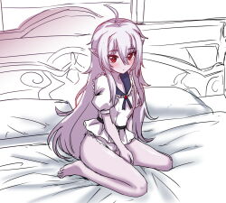 Rule 34 | 1girl, antenna hair, bare legs, barefoot, dress, grey hair, king&#039;s raid, long hair, looking at viewer, on bed, pointy ears, red eyes, ryukichi, sitting, solo, white dress