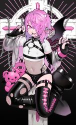 Rule 34 | 1boy, absurdres, androgynous, borrowed character, commission, cross, demon, demon boy, demon horns, demon wings, fishnets, goth fashion, highres, horns, male focus, mino (kirarayakubou), nail polish, original, pale skin, piercing, pink eyes, pink hair, pixiv commission, tattoo, thighhighs, thighs, wings