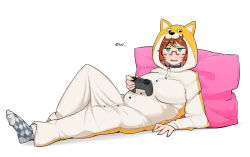Rule 34 | 1girl, animal costume, animal ears, breasts, brown hair, commentary, commission, controller, cosplay, disgust, dog costume, english commentary, english text, fang, glasses, green eyes, grey socks, indie virtual youtuber, kigurumi, large breasts, looking at viewer, mint castella, ohasi, open mouth, plump, red-framed eyewear, skin fang, socks, solo, virtual youtuber, white background