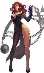 Rule 34 | 1girl, artist request, ball and chain (weapon), bodysuit, breasts, brown hair, chain, cleavage, elbow gloves, flail, full body, gloves, hades (herowarz), herowarz, hip focus, image sample, legs, long hair, looking at viewer, md5 mismatch, mole, mole under eye, red eyes, resized, shadow, solo, thighs, weapon