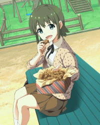 Rule 34 | 10s, 1girl, :d, bench, blue eyes, cookie, dutch angle, food, green hair, hayashida airi, looking at viewer, mole, mole under eye, official art, open mouth, outdoors, playground, ribbon, short hair, sitting, skirt, smile, solo, wake up girls!, wake up girls! stage no tenshi