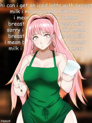 Rule 34 | 1girl, alternate costume, apron, artist name, bare shoulders, breasts, closed mouth, cup, english text, female focus, fire emblem, fire emblem: three houses, highres, hilda valentine goneril, holding, holding cup, holding pen, iced latte with breast milk (meme), large breasts, looking at viewer, matching hair/eyes, meme, naked apron, nintendo, pen, pink eyes, pink hair, solo, surprised, text background, thighs, wide hips