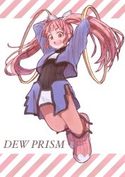 Rule 34 | 1girl, boots, chakram, copyright name, dewprism, dress, full body, highres, knee boots, long hair, looking at viewer, mint (dewprism), neko (hansinn), open mouth, pantyhose, pink hair, simple background, smile, solo, twintails, weapon