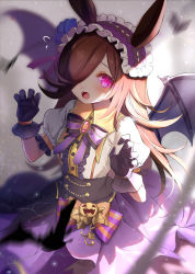 Rule 34 | 1girl, animal ears, bat (animal), bat wings, black bow, black bowtie, blue flower, blue rose, blurry, blurry background, blurry foreground, bow, bowtie, brown hair, center frills, claw pose, commentary, cowboy shot, fangs, flower, frilled hairband, frills, gloves, glowing, glowing eye, hair flower, hair ornament, hair over one eye, hairband, halloween, horse ears, horse girl, jack-o&#039;-lantern ornament, long hair, maronie., official alternate costume, open mouth, purple bow, purple bowtie, purple eyes, purple gloves, purple hairband, purple skirt, purple wings, rice shower (make up vampire!) (umamusume), rice shower (umamusume), rose, shirt, simple background, skirt, solo, striped bow, striped bowtie, striped clothes, teeth, umamusume, upper teeth only, white background, white shirt, wings