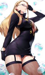 Rule 34 | 1girl, absurdres, bad id, bad twitter id, black dress, black gloves, blonde hair, blue eyes, breasts, bubble, cleavage, covered navel, dress, duplicate, earrings, fishnet thighhighs, fishnets, glasses, gloves, highres, jewelry, kalifa (one piece), large breasts, long hair, looking at viewer, one piece, short dress, solo, thighhighs, thighs, yoshio (55level)