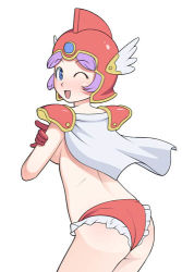 Rule 34 | 1girl, ;d, ass, blue eyes, blush, breasts, cape, caryo, dragon quest, dragon quest monsters, flat ass, helmet, large breasts, lowres, machiko (dqm), machiko (dragon quest), midori boushi, one eye closed, open mouth, panties, pink hair, red panties, short hair, shoulder pads, simple background, smile, solo, topless, underwear, white background, white wings, wings