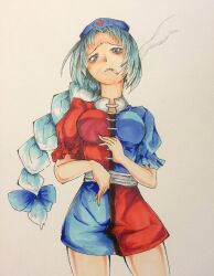 Rule 34 | 1girl, blue bow, blue dress, blue eyes, blue hair, blue hat, bow, braid, breasts, cigarette, cowboy shot, dress, frilled sleeves, frills, from below, hair bow, hat, long hair, looking at viewer, medium breasts, mouth hold, multicolored clothes, multicolored dress, nurse cap, puffy short sleeves, puffy sleeves, red dress, short dress, short sleeves, simple background, single braid, solo, touhou, traditional media, umikaji, very long hair, white background, yagokoro eirin
